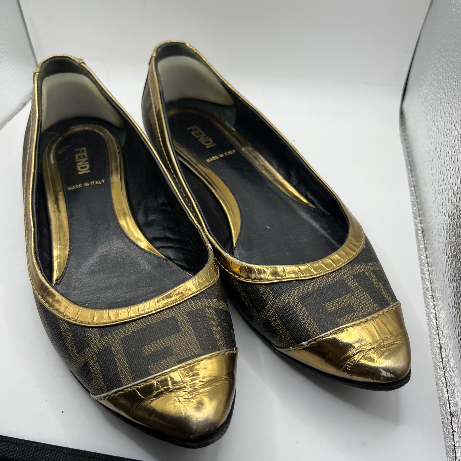 Fendi Ff Zucca Monogram Ballet Flats Gold Toe Cap Made In Italy Size 37.5